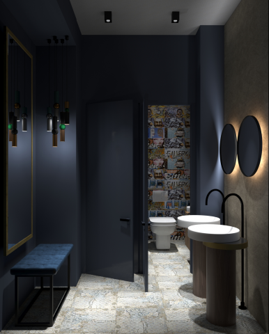 3d визуализация интерьера санузла общественного помещения