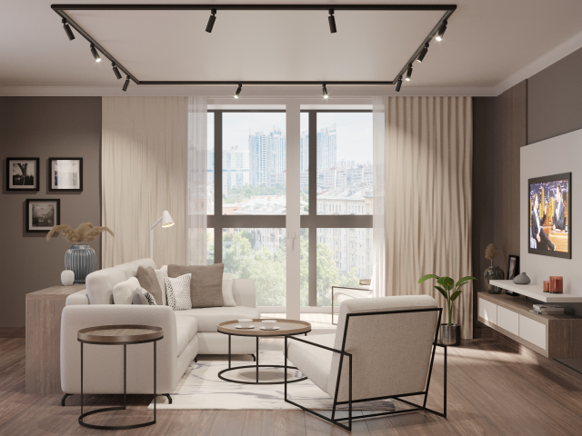 Визуализация гостиной в теплых тонах