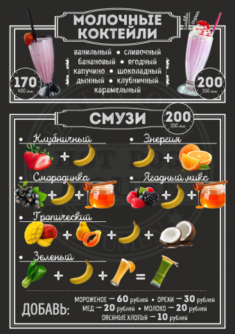Меню в кафе