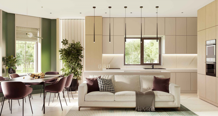 Современный интерьер кухни-гостиной