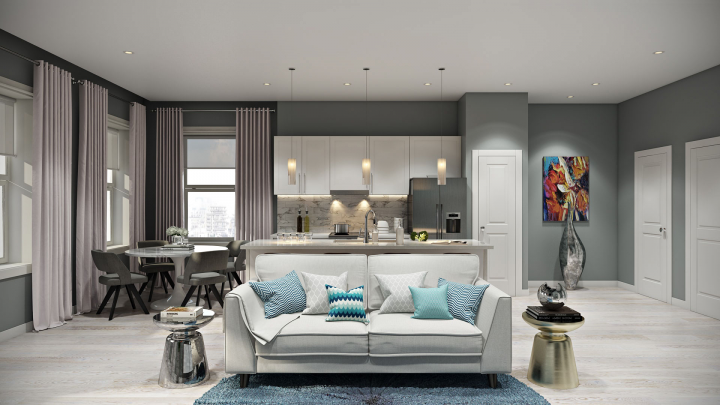 3D визуализация интерьера  гостинной переходящей в кухню