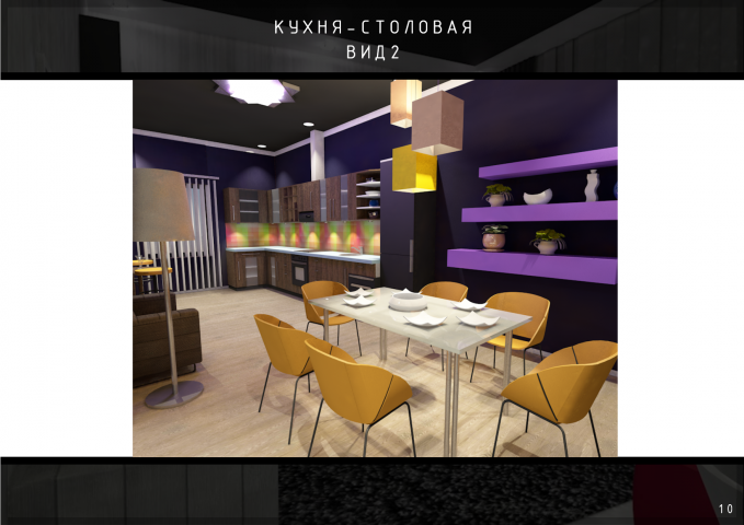 Разработка интерьера кухни-столовой (яркий контраст)