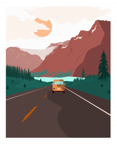 summer landscape of mountains and cars driving away into the dis