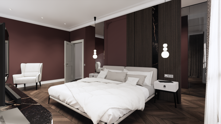 Спальня с зеркальной гардеробной