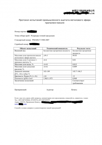 Протокол испытаний промышленного ацетата 1л.