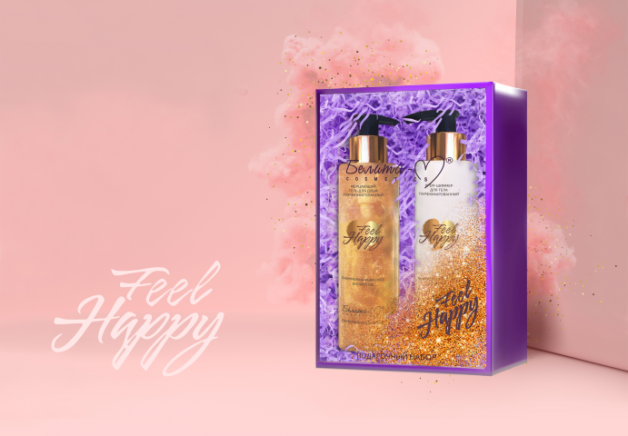 Дизайн подарочного набора парфюмерии и ухода Feel Happy