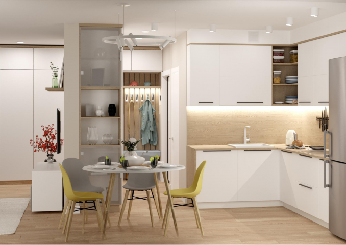 Кухня-гостиная в скандинавском стиле для большой семьи