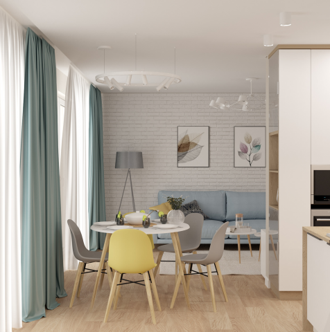 Кухня-гостиная в скандинавском стиле для большой семьи