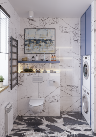 Сан узел с синим мрамором и сушильной машиной