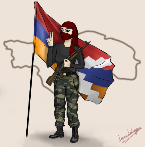 Девушка с флагом и оружием