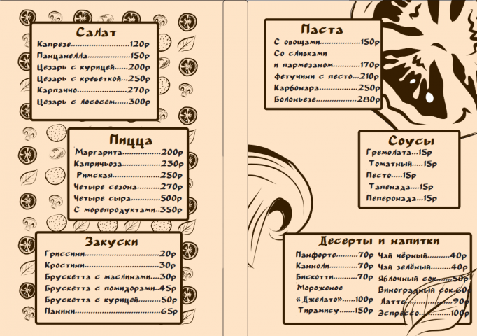 Меню ресторана итальянской кухни