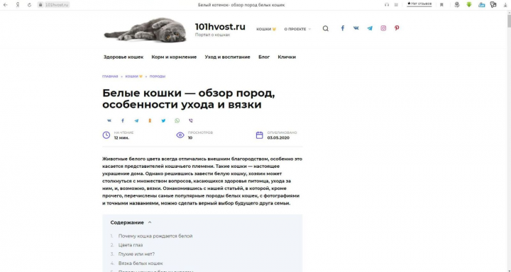 Статья "Белые кошки — обзор пород, особенности ухода и вязки"