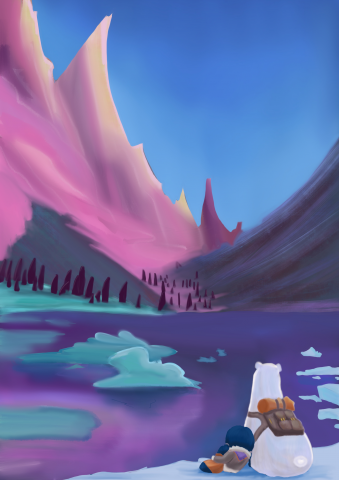 bear at the lake and mountains
