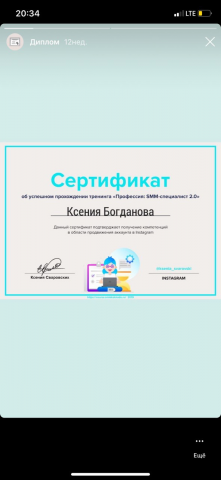 Сертификат SMM / Ссылка на портфолио