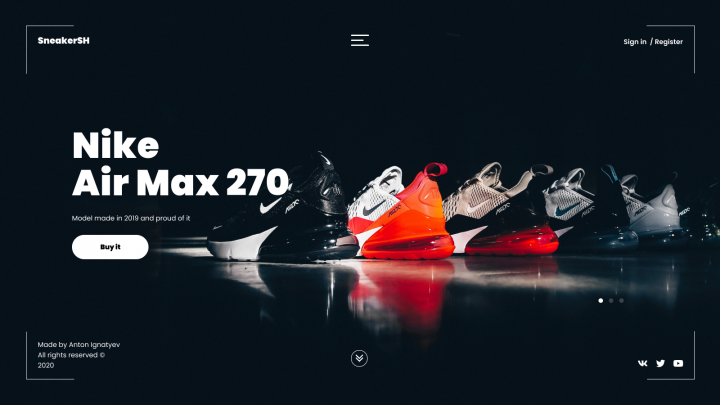 Дизайн первого экрана сайта Кроссовок Air Max 270