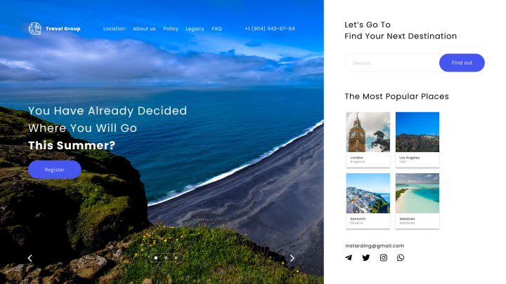 Первый экран сайта на тему путешествий