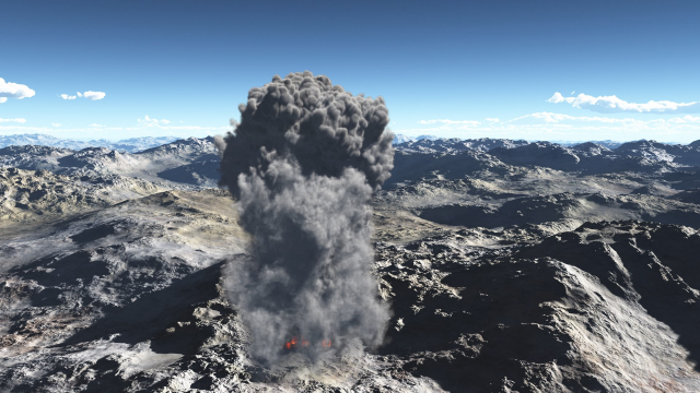 A dust explosion in a stone desert.