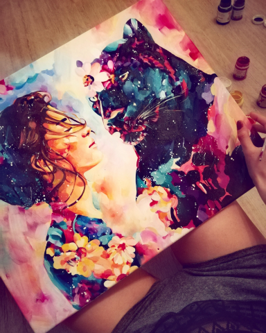 Картина акрилом на холсте "Девушка и пантера"