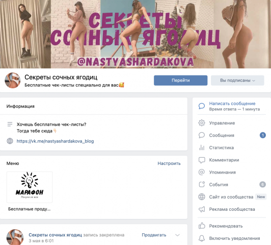 Собщество ВК для фитнес-блогера