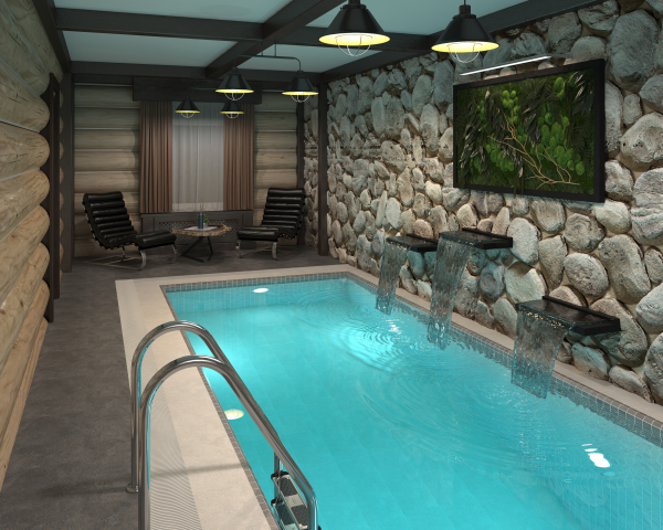 Интерьер и визуализация бассейна и сауны в гостинице