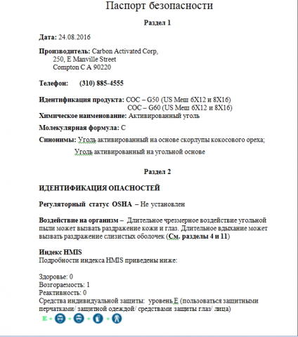Паспорт безопасности (Активированный уголь)