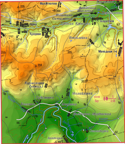 Фрагмент топографической карты N-38-X с матрицей высот