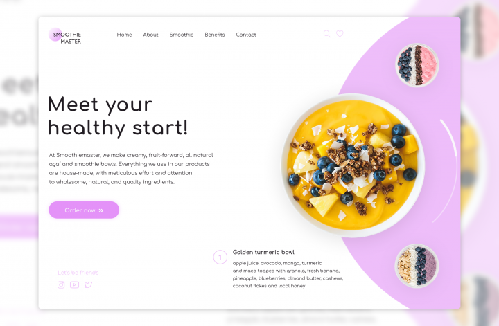 Первый экран landing page для smoothie bowl  кафе