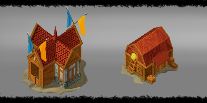 Cartoon houses. Townhall & storage.