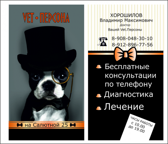Двусторонняя визитка для ветеринарной клиники