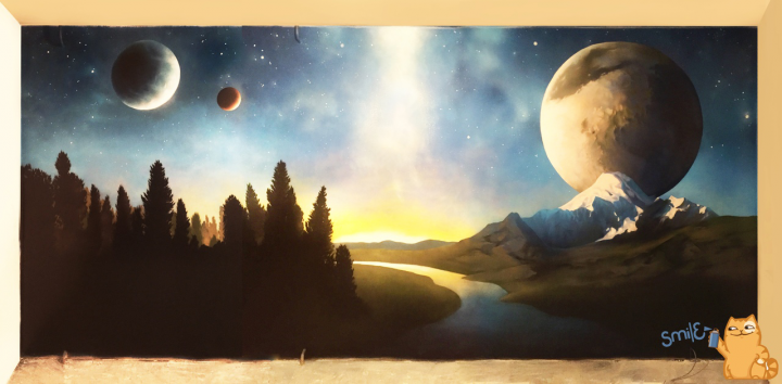 Космос на стене в гостинной, аэрозольная краска