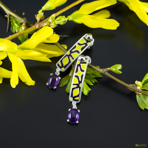 Серьги. Горячая эмаль. Серебро. Аметисты