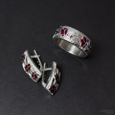 Комплект "Маки". Горячая эмаль, серебро.