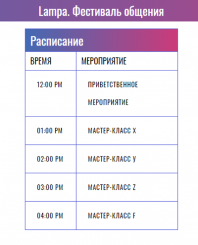 Расписание мероприятий, таблица