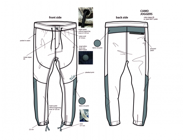 Векторный технический эскиз брюк с принтом