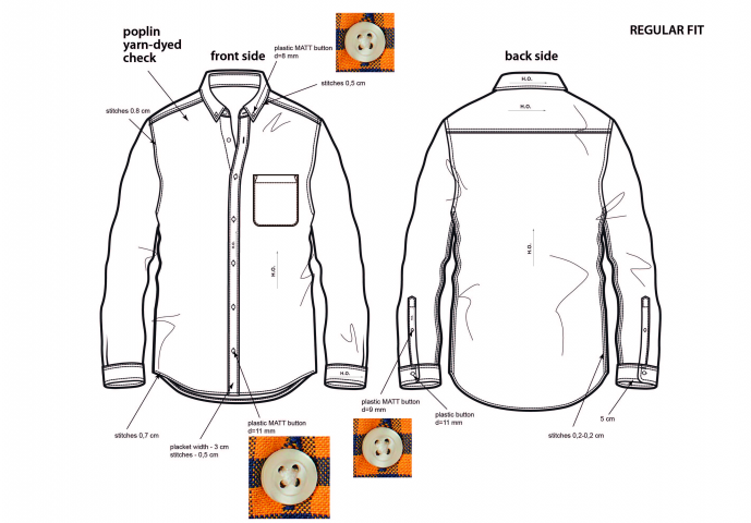Векторный технический эскиз рубашки в клетку