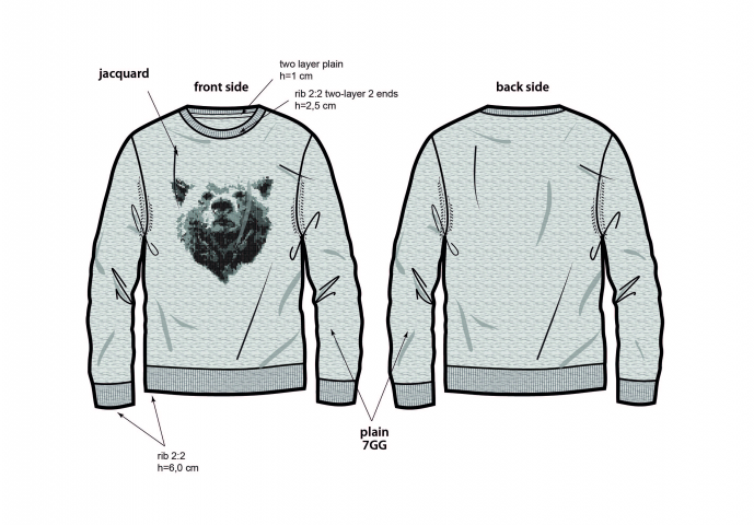 Векторный технический эскиз вязаного джемпера с жаккардом