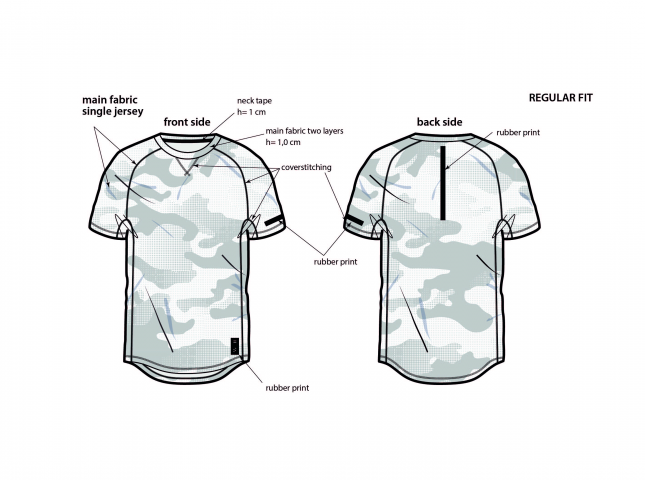 Векторный технический эскиз футболки с принтом