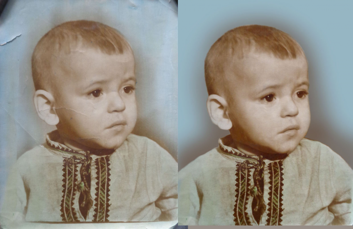 Обработка старой детской фотографии. Ретушь, замена фона