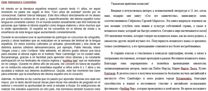 Перевод мотивационного письма с испанского на русский