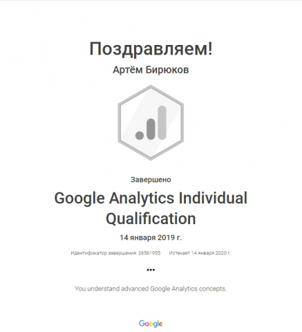 Сертификат Google Analitycs