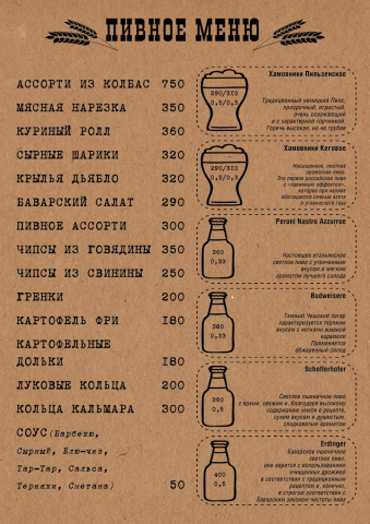 Пивное меню А4