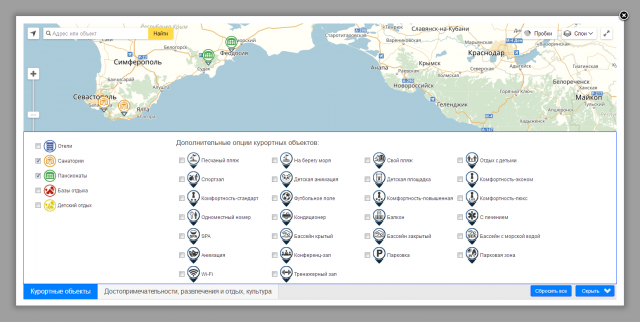 Карта курортных объектов с фильтрами