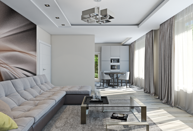 Интерьер кухни гостиной в загородном доме