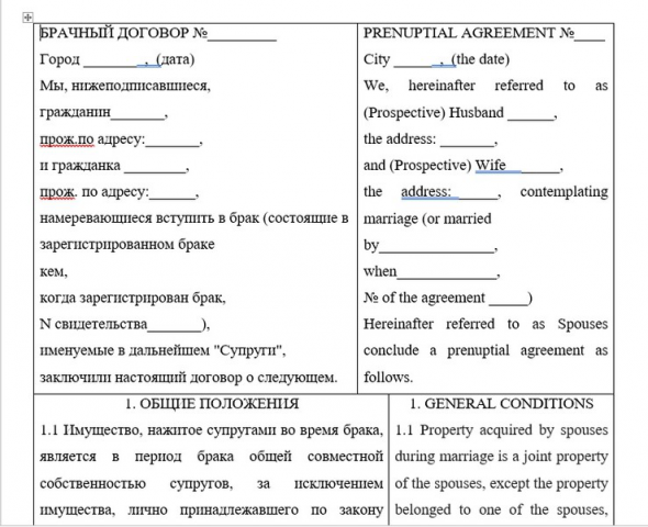 Пример брачного договора