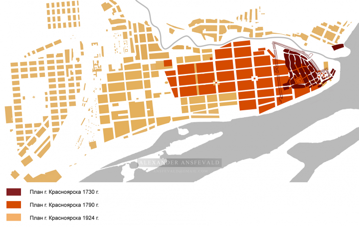 Схема развития исторического центра Красноярска. Ансфевальд А.А.