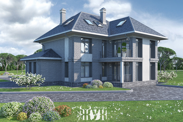 Коттедж из керам. блоков. Отделка фасада облицовочным кирпичом.