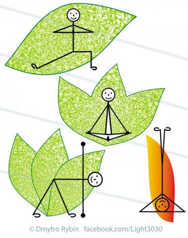 4 схематичных мультяшных рисунка по теме йога и здоровье