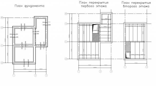 План фундамента, план перекрытий 1,2-го этажа