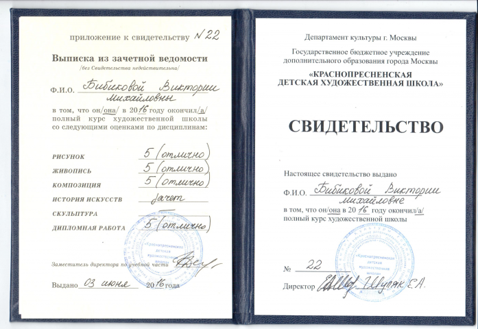 Диплом об окончании ГБОУ КДХШ