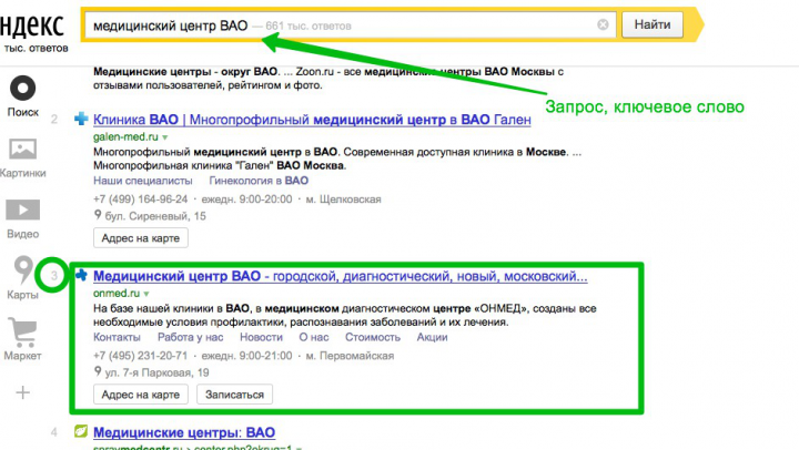 Запрос "Медецинский центр ВАО" - 3 место по МСК
